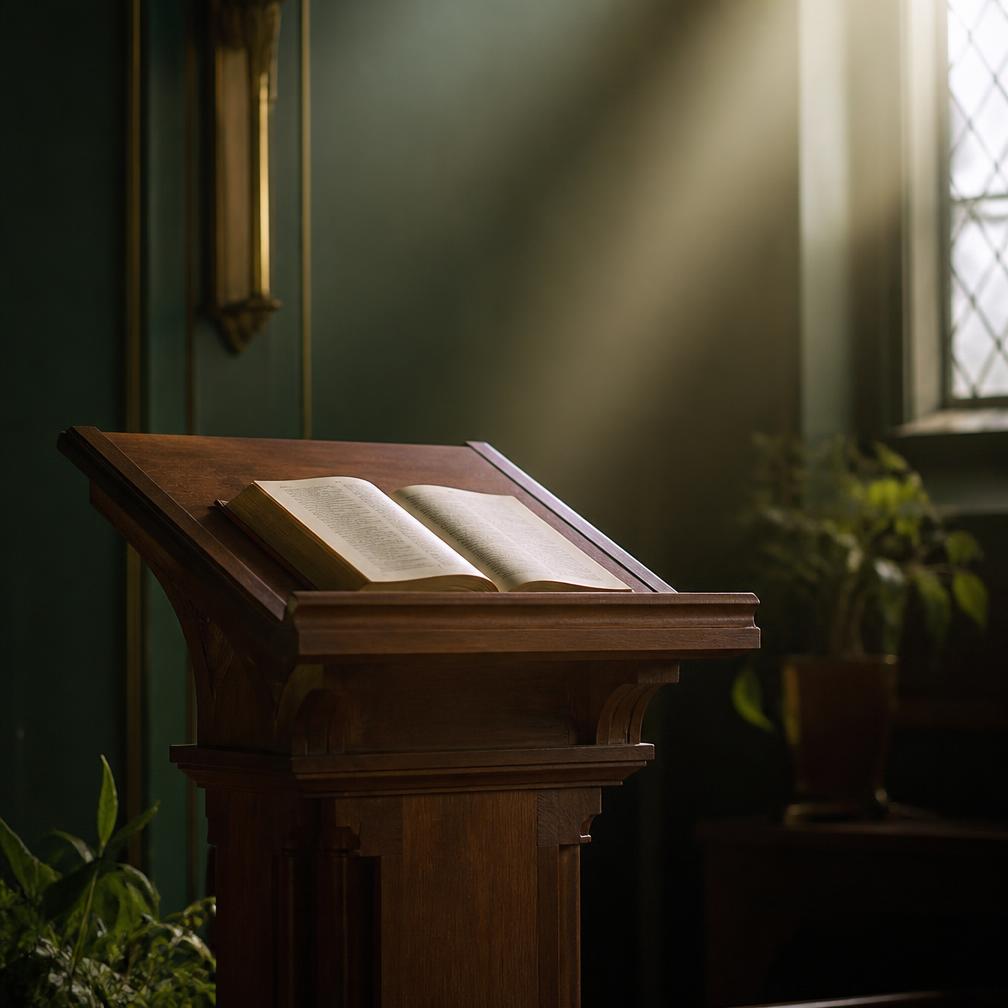 Lectern with an open Bible in a sanctuary